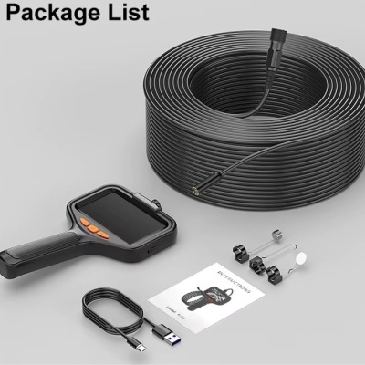 Kit de inspeção com monitor, sonda flexível preta, cabo USB, acessórios e manual.