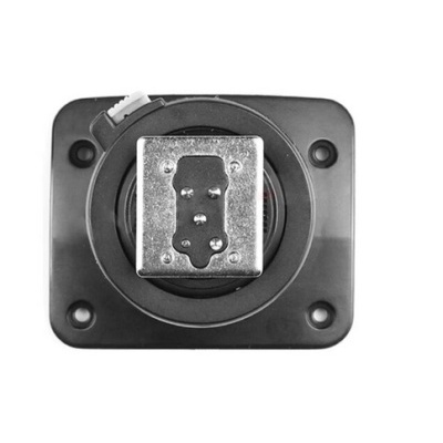 Suporte de montagem quadrado preto com peça metálica no centro