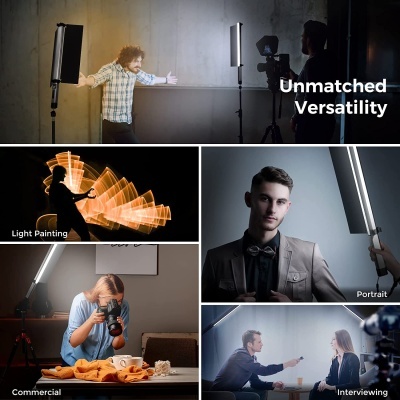 Cinco cenas mostrando painéis de luz LED em uso para fotografia, pintura luminosa, retrato, comercial e entrevista, com texto indicativo das funções.