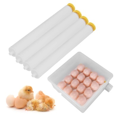 tubos brancos com tampas amarelas, suporte com ovos cor de rosa e pintos