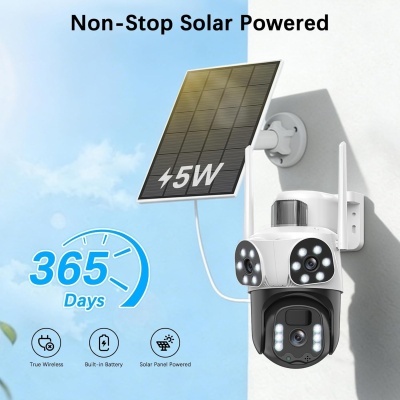 Câmara de segurança com painel solar montada na parede