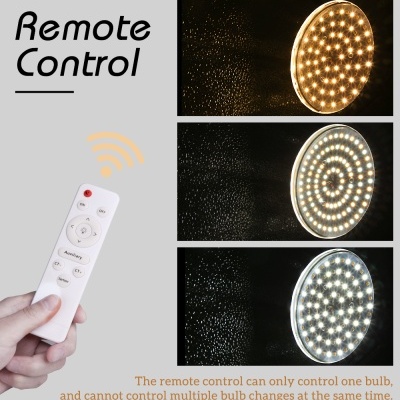 controlo remoto branco e lâmpadas LED redondas com várias tonalidades de luz