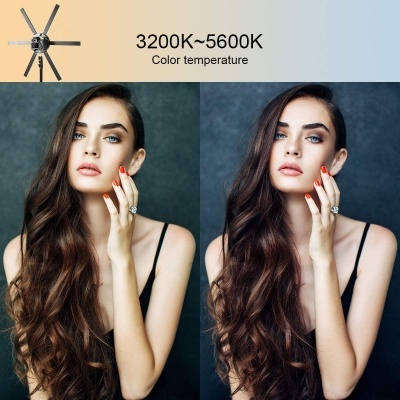 Mulher com cabelo longo e vestido preto com texto sobre temperatura de cor da luz