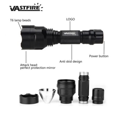 Lanterna VASTFIRE preta com peças desmontadas e etiquetas