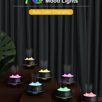 Seis difusores de aroma pretos com luzes LED coloridas e vapor