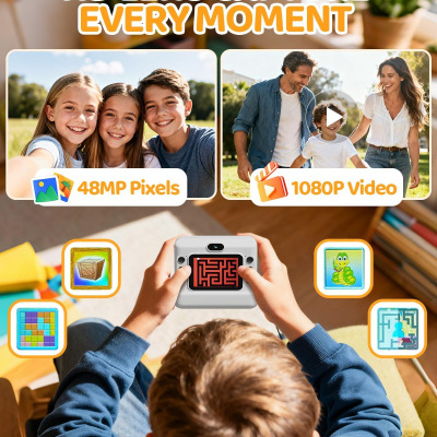 Publicidade de câmara digital com fotos e jogos, texto sobre resolução 48MP e vídeo 1080P
