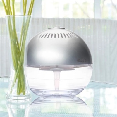 Purificador de ar redondo prateado com base transparente ao lado de um vaso de vidro com hastes verdes