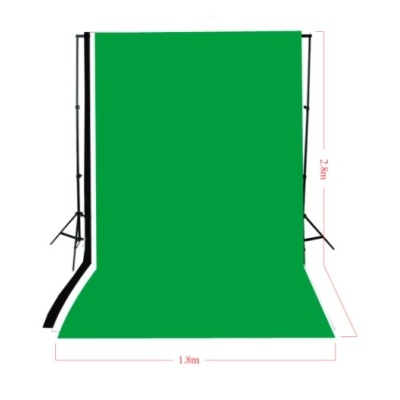 Tela de fundo fotográfico verde com suportes e dimensões visíveis