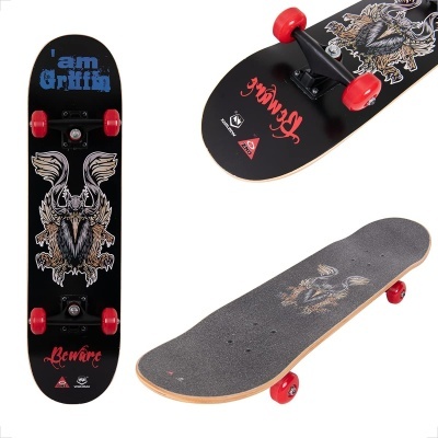 Skateboard preto com rodas vermelhas e desenho de grifo com texto 'I am Griffin' e 'Beware'.