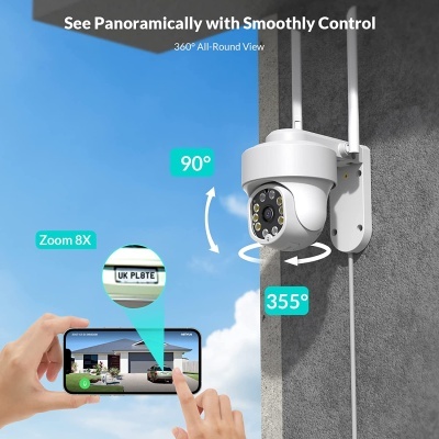 Câmara de vigilância branca montada na parede com smartphone a mostrar zoom 8X.