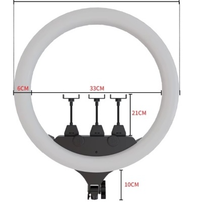 Anel de luz circular branco com suporte preto e dimensões indicadas