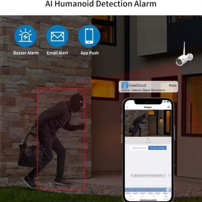 Alarme de deteção AI com câmara, ícones de alerta, e telemóvel com aplicação mostrando intruso