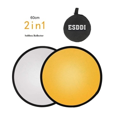 Conjunto de dois reflectores circulares branco e dourado com bolsa preta redonda ESDDI