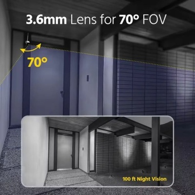Descrição de lente 3.6mm para 70 graus de campo de visão com visão noturna 100 pés em cenário de porta e paredes de tijolos