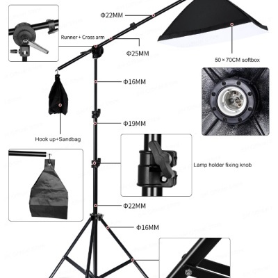 Suporte para luz de estúdio com softbox e detalhes das partes e medidas em milímetros