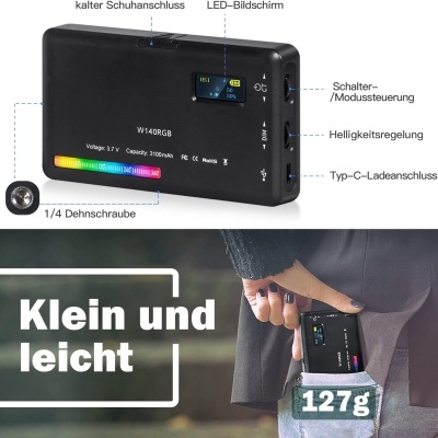 Dispositivo preto retangular com ecrã LED e textos em alemão sendo guardado num bolso.