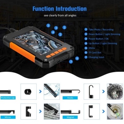 Dispositivo táctil preto e laranja com ecrã e botões, diagramas de funcionalidades e acessórios