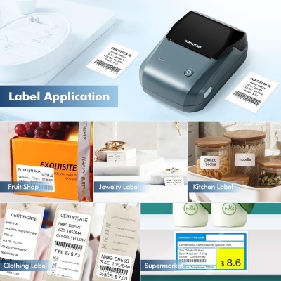 Impressora de etiquetas cinza com etiquetas impressas para diferentes usos, incluindo frutas, joias, cozinha, roupa e supermercado.