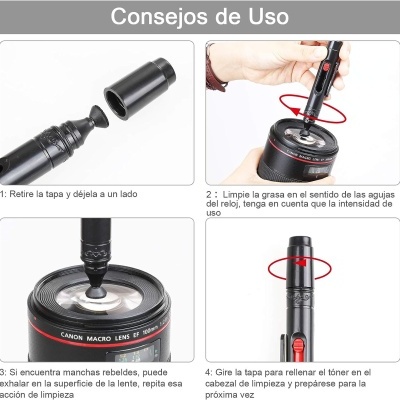 Instruções de uso de kit de limpeza para objectiva Canon com caneta aplicadora