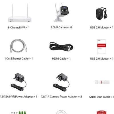 Kit sistema segurança com NVR, câmaras, cabos, adaptadores e acessórios