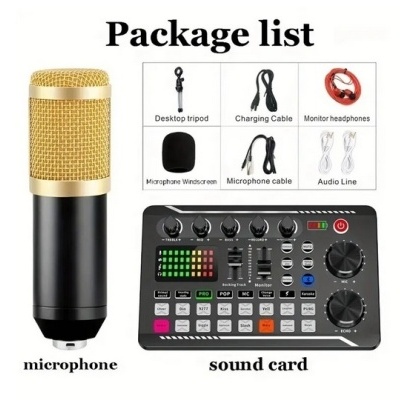 Microfone dourado e preto com placa de som preta e acessórios listados