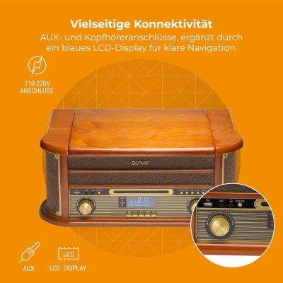 Aparelho de som retro em madeira castanha com painel frontal dourado e ecrã LCD azul