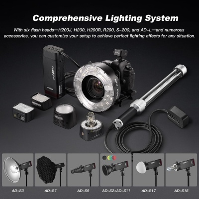 Sistema de iluminação fotográfica com várias cabeças de luz e acessórios em fundo preto