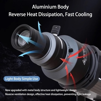 Lente preta e prata com dissipação de calor indicada por setas azuis e vermelhas