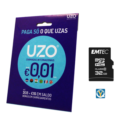 Cartão SIM UZO em embalagem roxa com texto informativo e cartão microSD preto 32GB