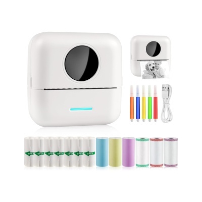 Impressora térmica portátil branca com acessórios