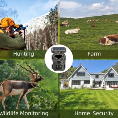 Montagem com quatro fotos mostrando caça, fazenda, monitoramento da vida selvagem e segurança residencial com câmera no centro