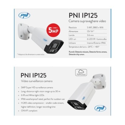 Câmara de vigilância branca PNI IP125 com especificações técnicas ao lado