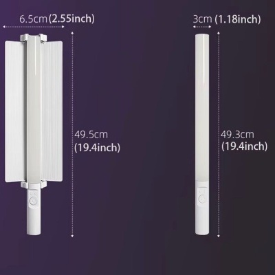 Dois dispositivos de luz tubular branca com medidas indicadas em centímetros e polegadas