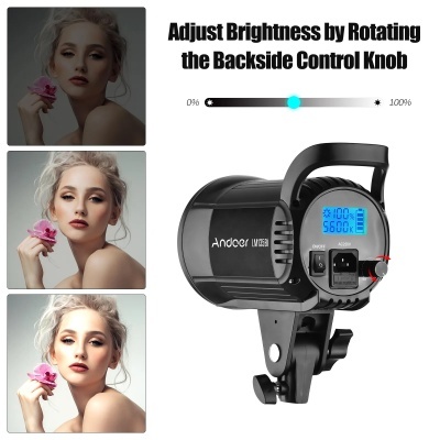 Luz de estúdio Andoer UV128 com visor digital azul e fotos de mulher com flor
