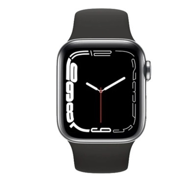 Relógio inteligente com bracelete preta e mostrador retangular com números estilizados