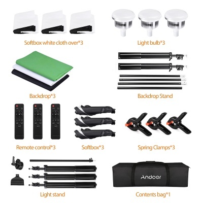 Equipamento de fotografia com softboxes, lâmpadas, fundos coloridos, tripés diversos, comandos remotos, molas de pressão e mala preta Andoer