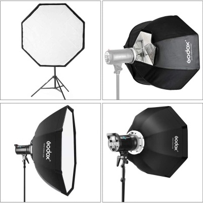 Softbox octogonal preto Godox com tripé e estrutura metálica