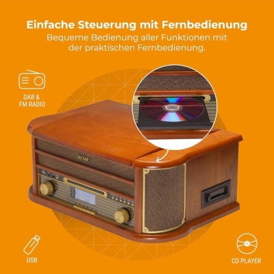 Aparelho de som retro em madeira com leitor de CD e rádio