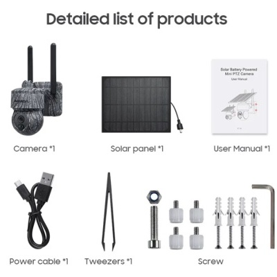 Kit de câmara de segurança solar com acessórios e manual