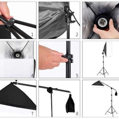 Softbox fotográfico preto com tripé e detalhes de montagem