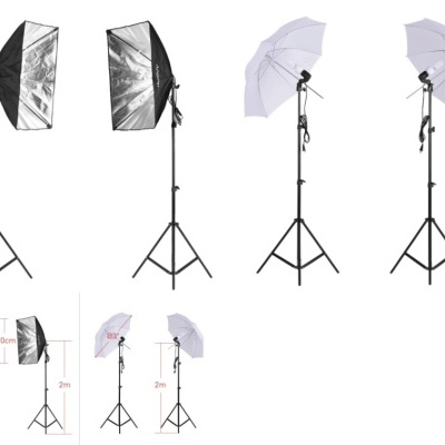 Kit de iluminação de estúdio com tripés, difusores retangulares e guarda-chuvas brancos