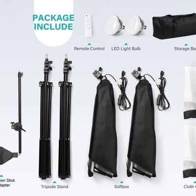 Equipamento fotográfico com tripés, softboxes, lâmpadas LED, controlo remoto e bolsa de armazenamento