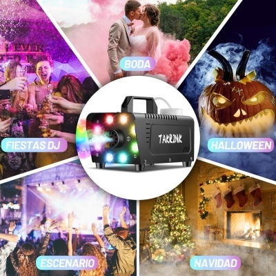 Luz LED preta TARZINK no centro, em volta cenas de festa, casamento, Halloween, concerto e Natal.