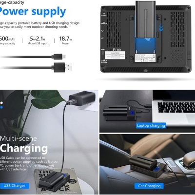 Carregador portátil USB preto e azul com bateria 2600mAh conectado a laptop e carro