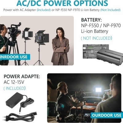 Opções de alimentação AC/DC para equipamento de vídeo com adaptador, bateria não incluída, uso em estúdio e ao ar livre.