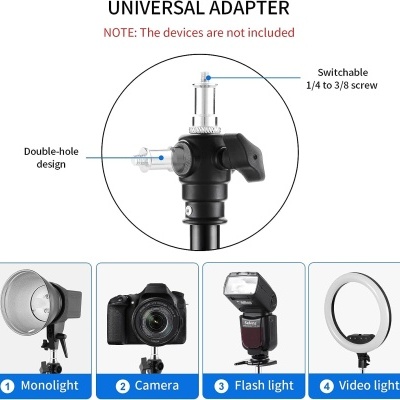 Adaptador universal para equipamento fotográfico com parafuso ajustável e design de dois furos
