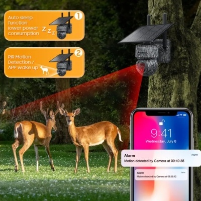 Câmara de vigilância solar preta montada numa árvore com sensor de movimento e smartphone a mostrar alerta