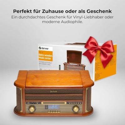 Aparelho de música retro de madeira DENVER MRD-51 com caixa e laço vermelho