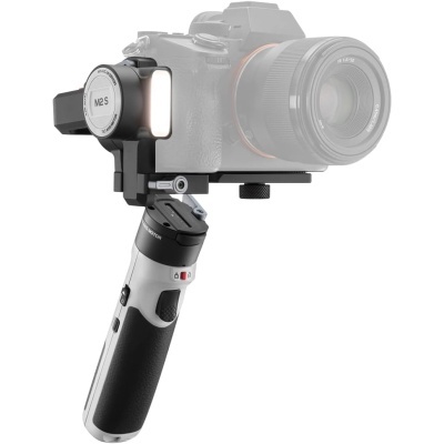 Gimbal handheld preto e cinza com luz LED e câmara montada