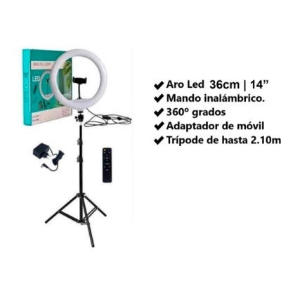 Aro LED com tripé preto e caixa do produto em fundo branco